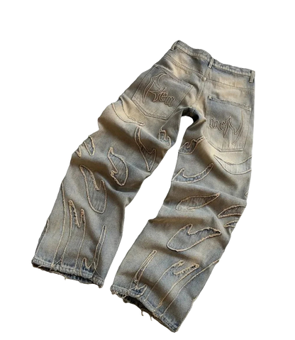 Affordable streetwear baggy denim jeans with distressed flame design and embroidered back pockets