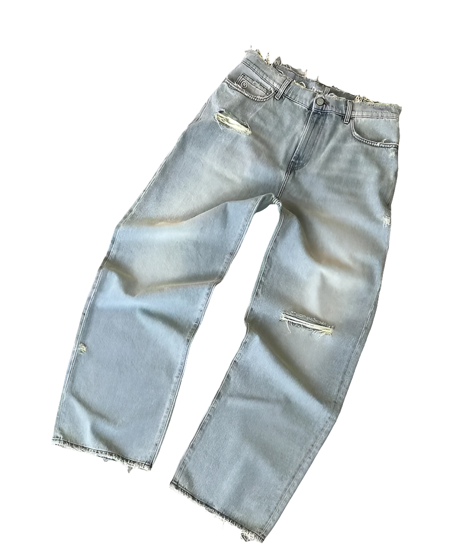 Light blue affordable streetwear baggy denim jeans with distressed details and frayed hems