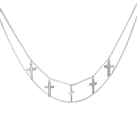 Silver cross necklace featuring layered chains for alternative fashion body jewelry by weird0z