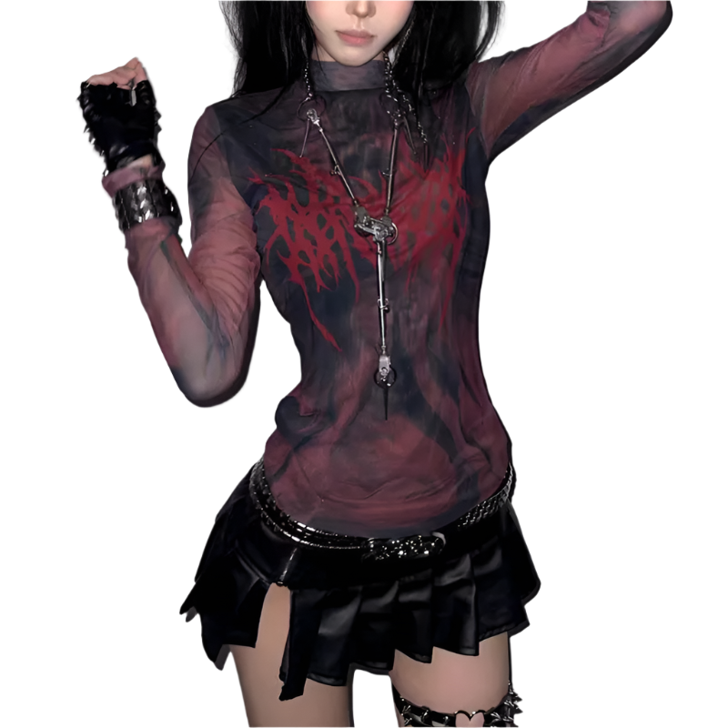 Alternative fashion red mesh shirt with black graphic design worn with black skirt and accessories
