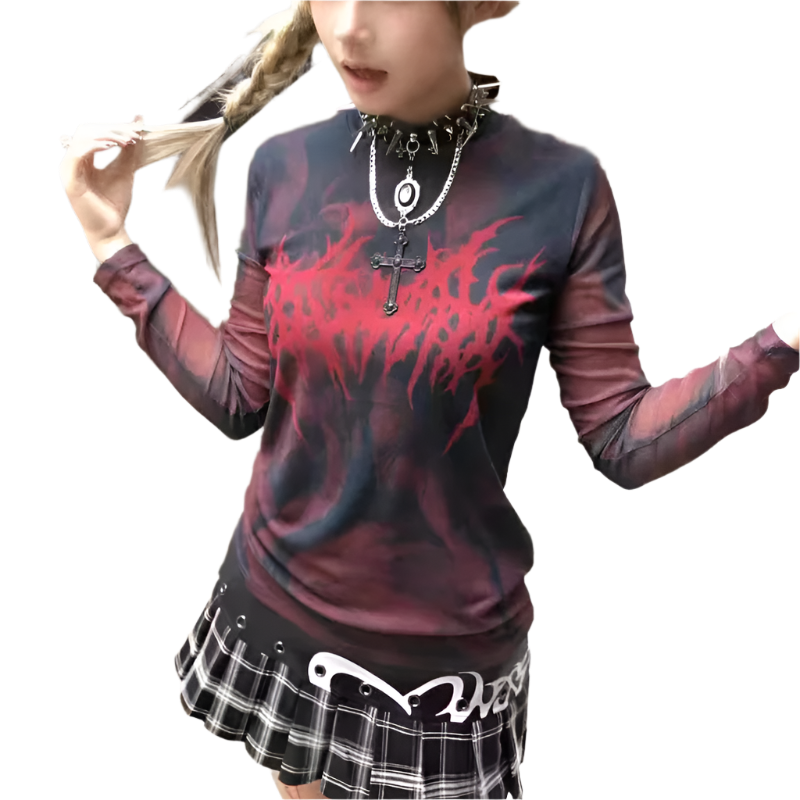 Woman wearing an alternative fashion red mesh shirt with gothic print and layered necklaces