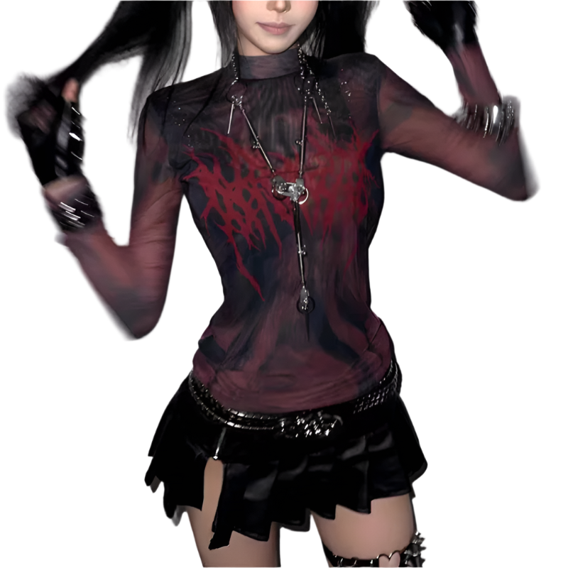 Model wearing alternative fashion red mesh shirt with graphic print and layered accessories