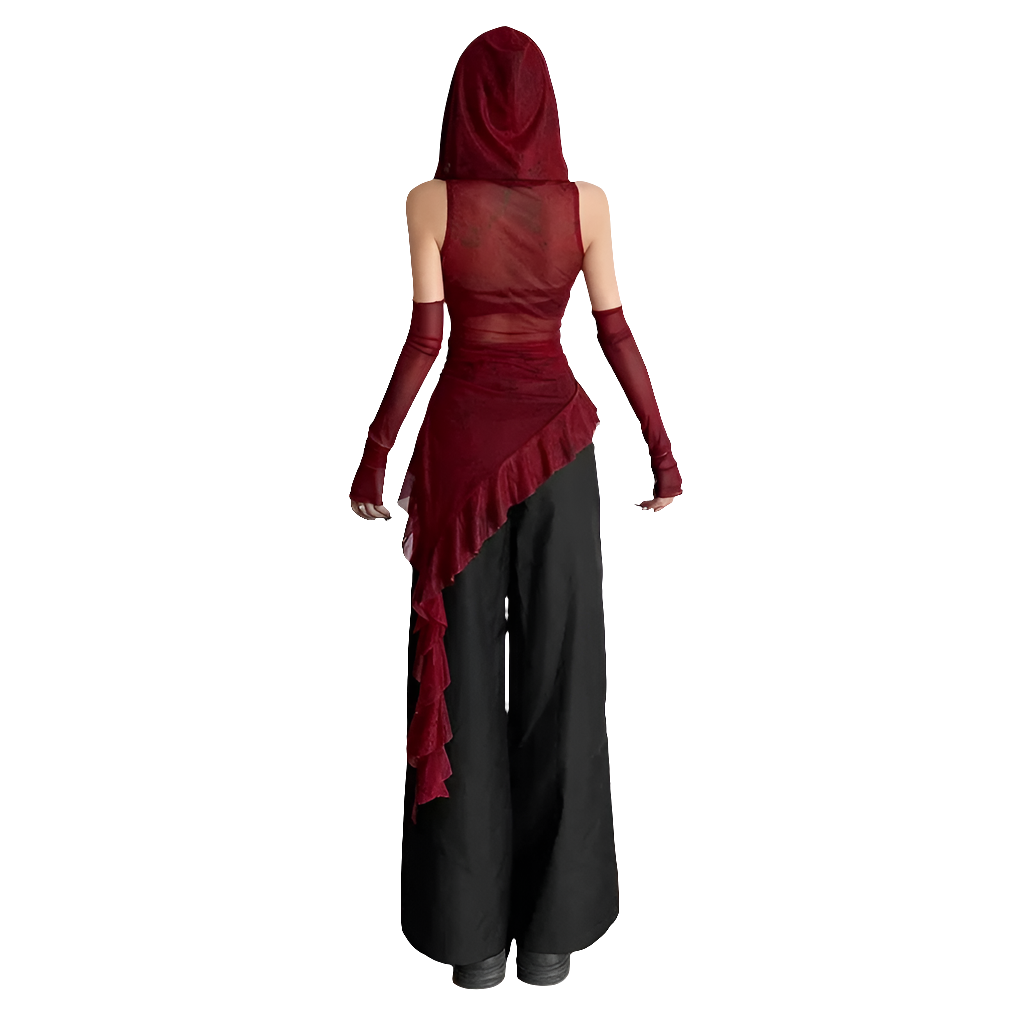Mesh Hooded Tee with Ruffle Hem and Sleevez