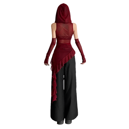 Mesh Hooded Tee with Ruffle Hem and Sleevez