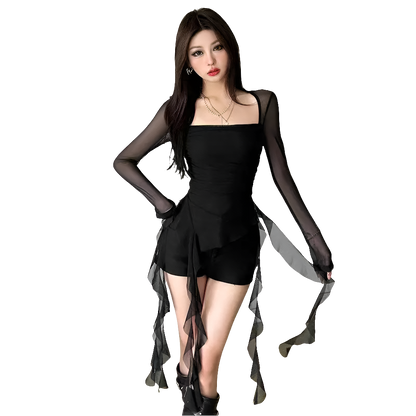 Mesh Hooded Tee with Ruffle Hem and Sleevez