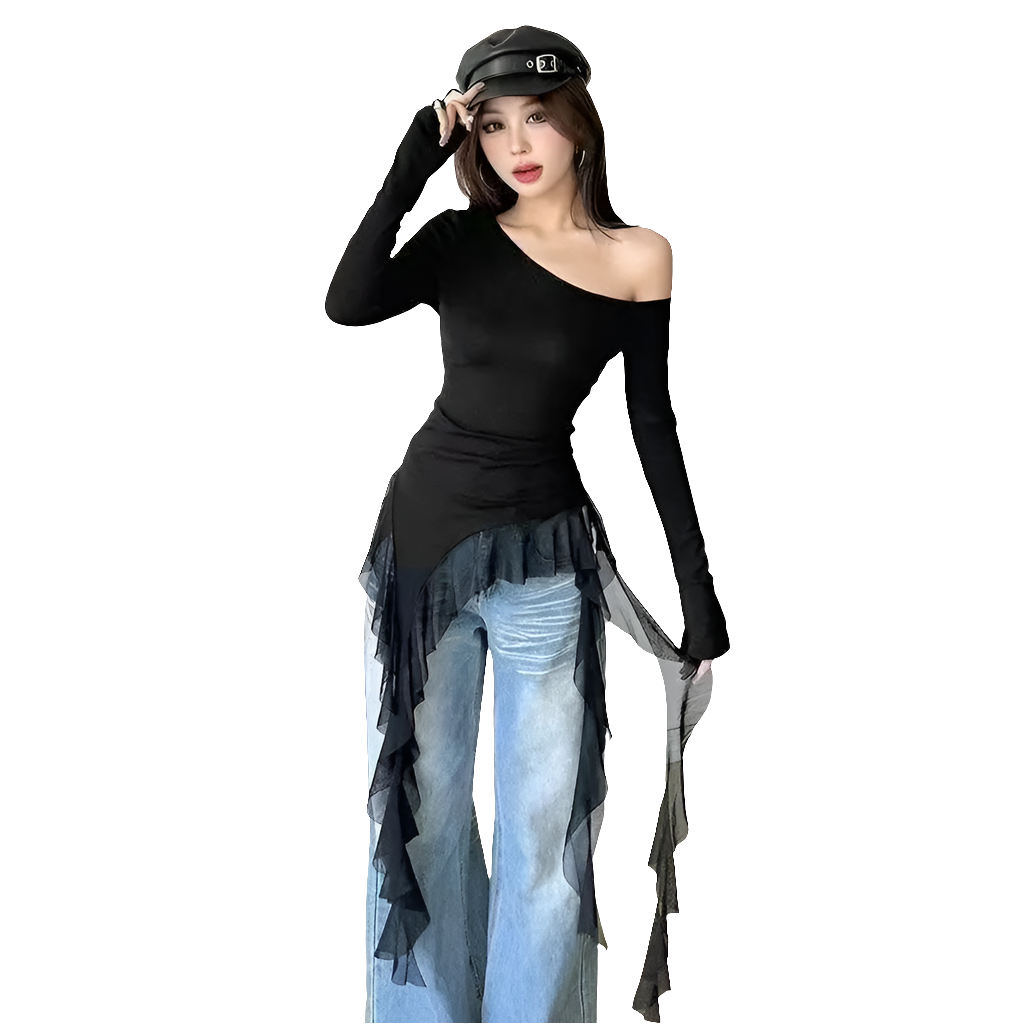 Mesh Hooded Tee with Ruffle Hem and Sleevez