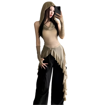 Mesh Hooded Tee with Ruffle Hem and Sleevez