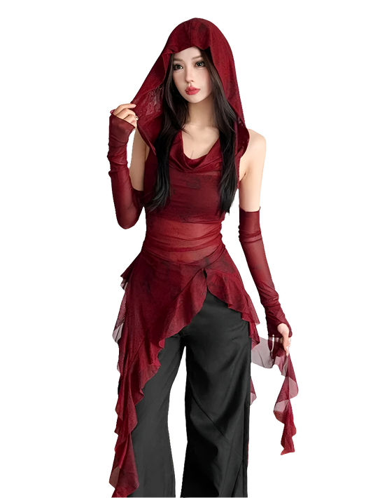 Mesh Hooded Tee with Ruffle Hem and Sleevez
