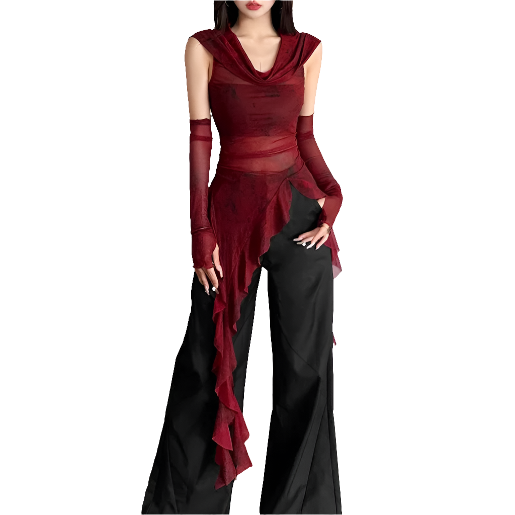 Mesh Hooded Tee with Ruffle Hem and Sleevez