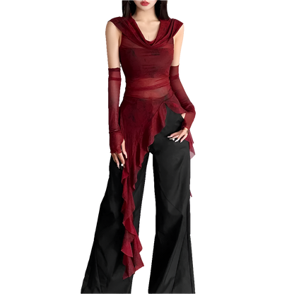 Mesh Hooded Tee with Ruffle Hem and Sleevez