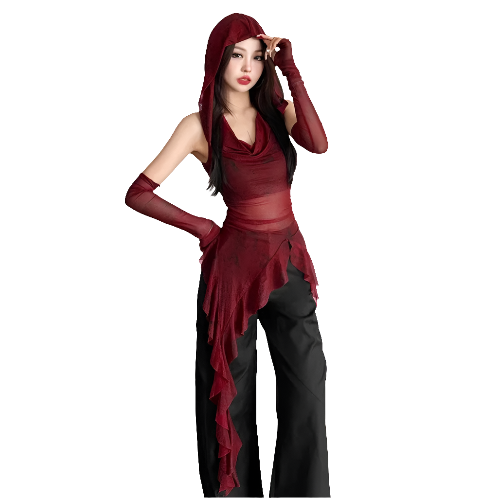 Mesh Hooded Tee with Ruffle Hem and Sleevez