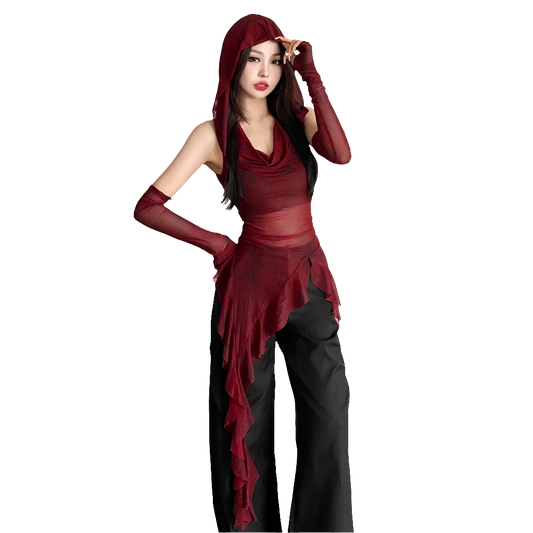 Mesh Hooded Tee with Ruffle Hem and Sleevez