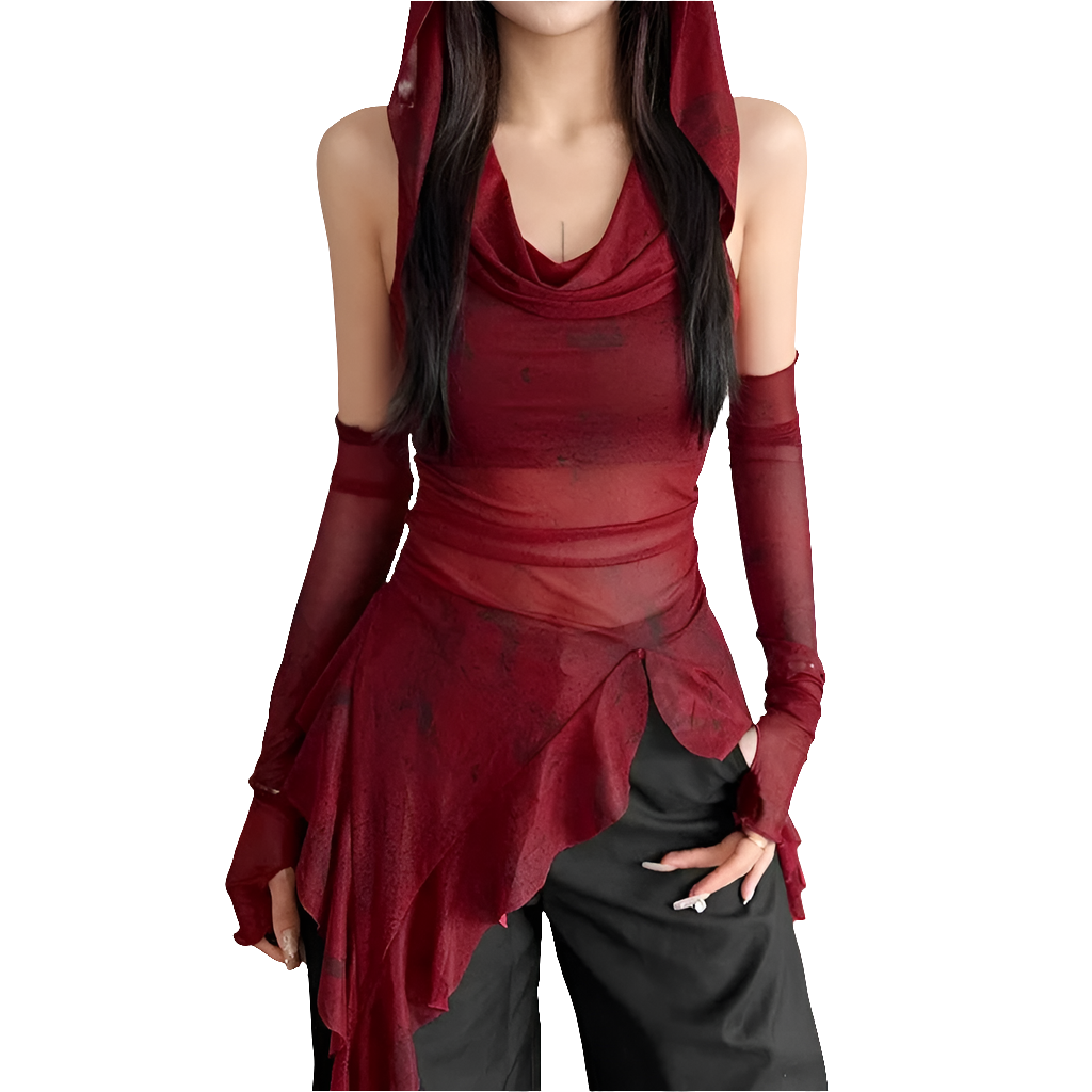 Mesh Hooded Tee with Ruffle Hem and Sleevez