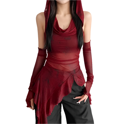 Mesh Hooded Tee with Ruffle Hem and Sleevez