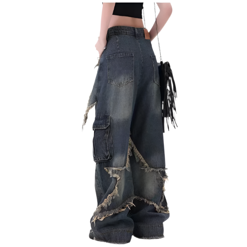 Weird0z baggy denim jeans with star embroidery featuring a loose fit and distressed details
