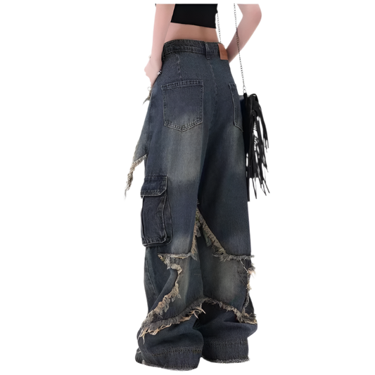 Weird0z baggy denim jeans with star embroidery featuring a loose fit and distressed details