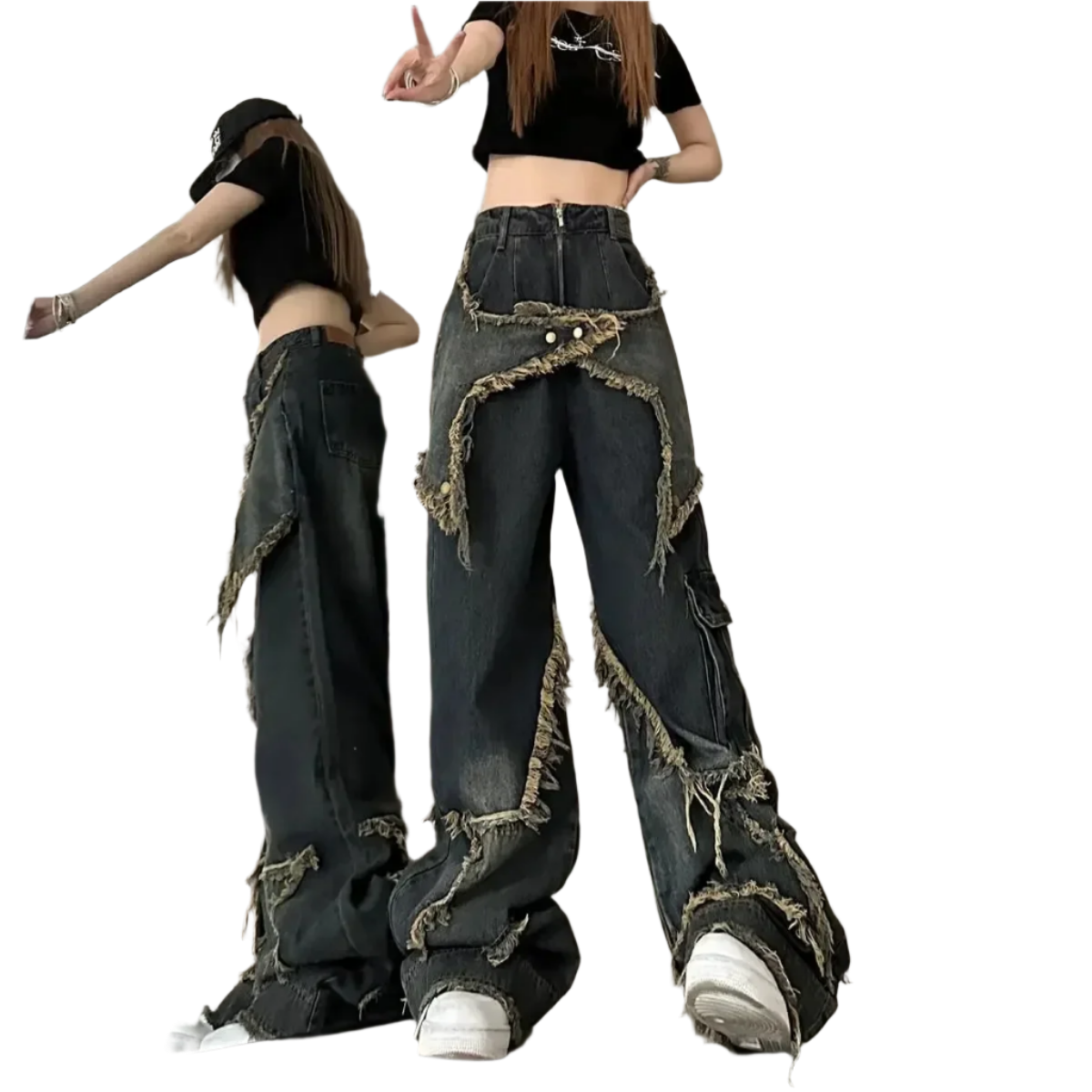 Weird0z baggy denim jeans with star embroidery and frayed edges worn with black crop top