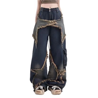 Baggy denim jeans with star embroidery featuring distressed edges and wide leg design