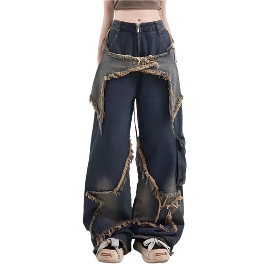 Baggy denim jeans with star embroidery featuring distressed edges and wide leg design