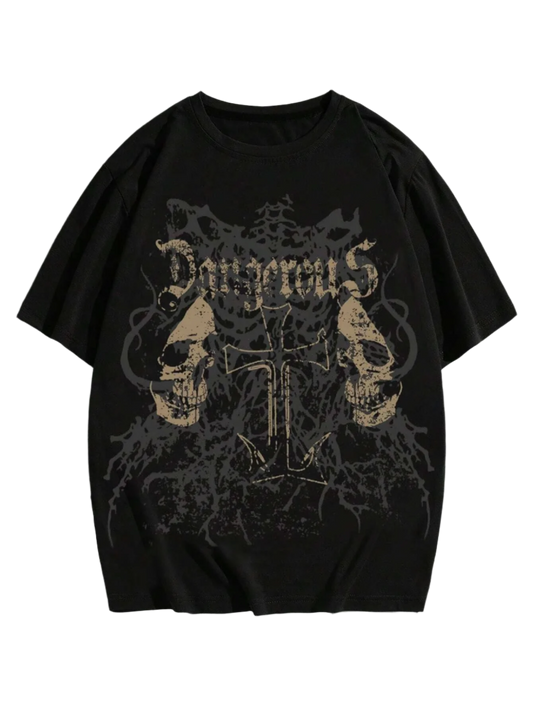 Black baggy skull t-shirt with vintage skull graphic and cross design by weird0z