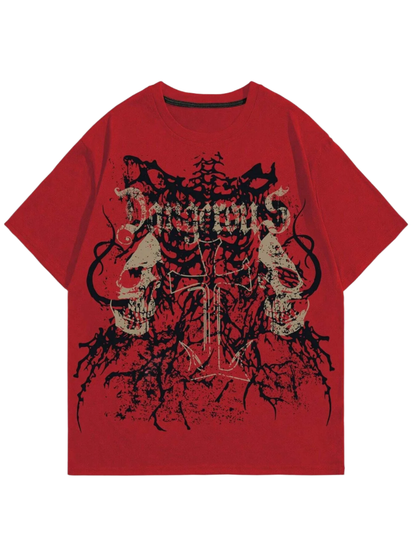 Red baggy skull t-shirt with black and white skull graphic design and distressed text print
