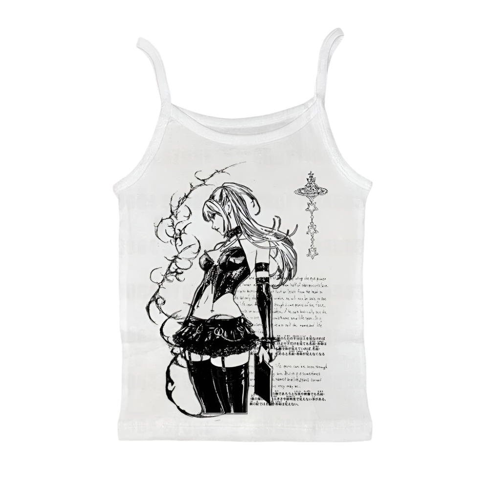 White emo anime character shirt featuring black ink illustration of a female anime figure in gothic attire