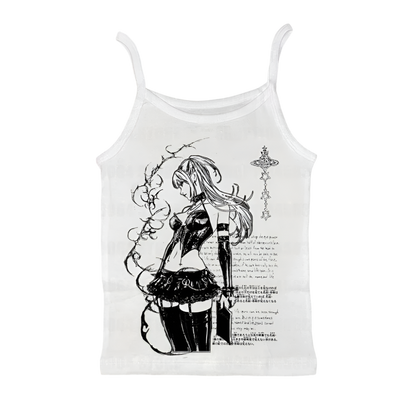 White emo anime character shirt featuring black ink illustration of a female anime figure in gothic attire