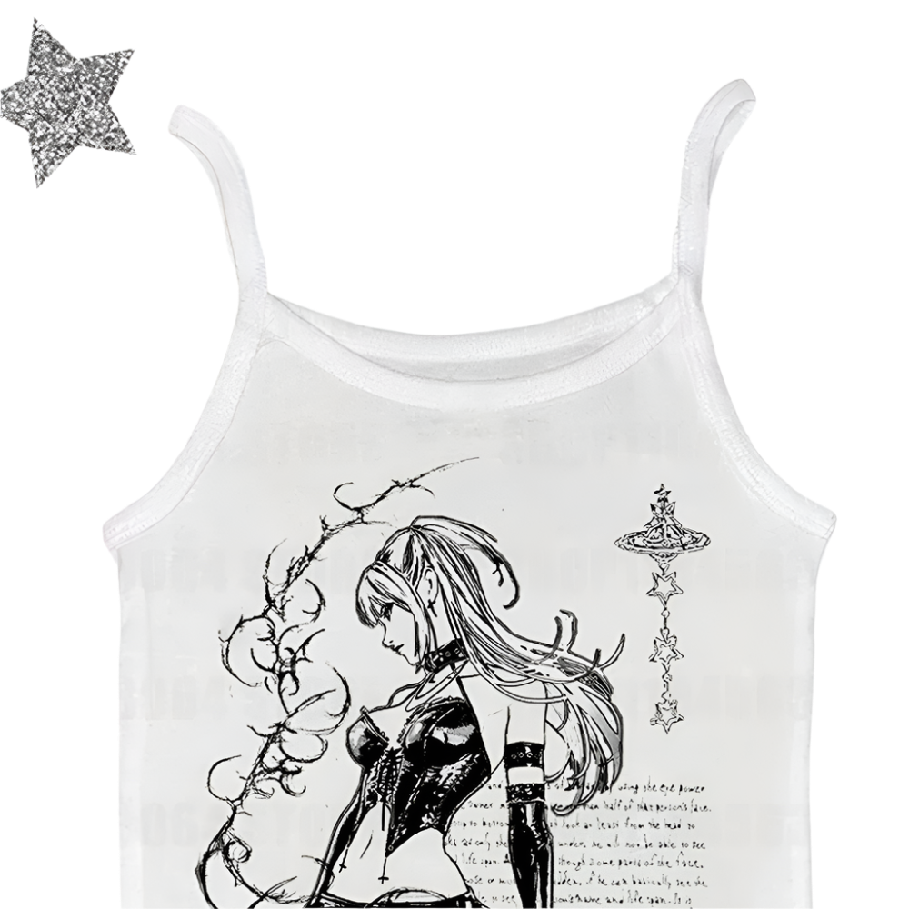 White emo anime character shirt with black and white anime girl print and decorative vine design