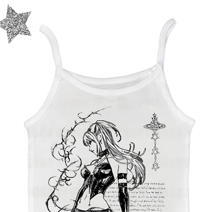 White emo anime character shirt with black and white anime girl print and decorative vine design