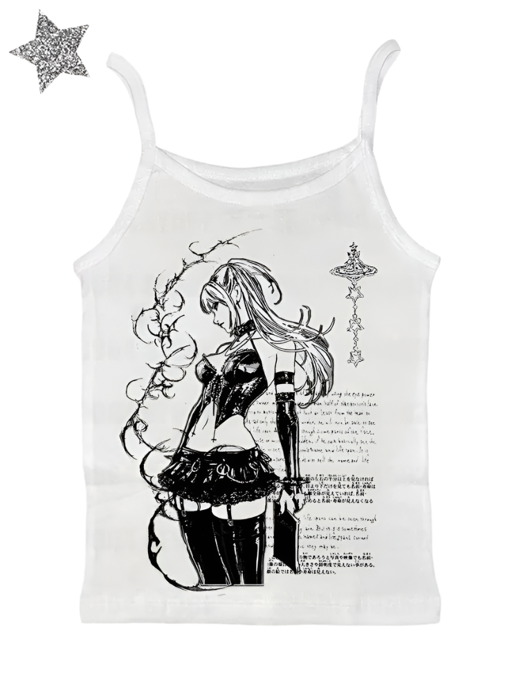 White tank top featuring a black and white emo anime character shirt design with gothic details
