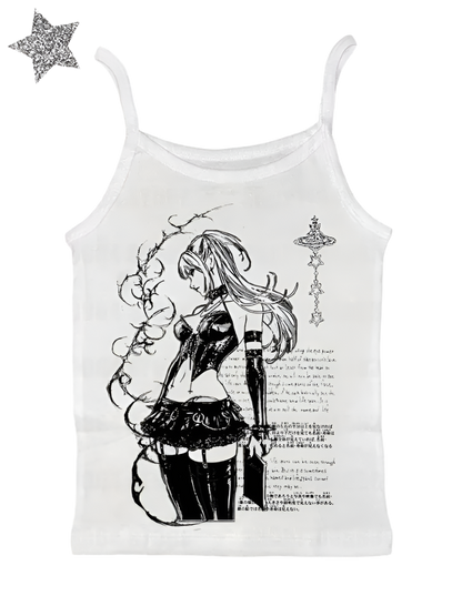 White tank top featuring a black and white emo anime character shirt design with gothic details