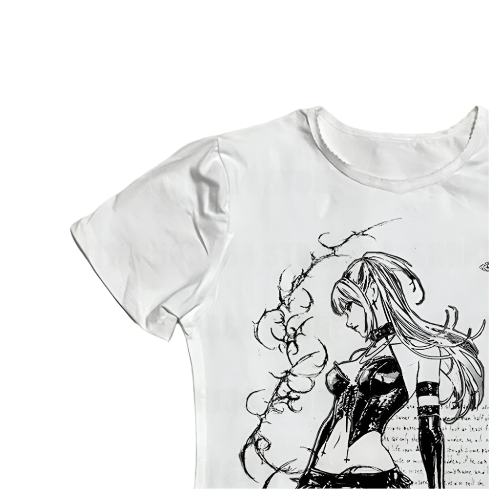 White t-shirt featuring a black and white emo anime character shirt design with edgy art style