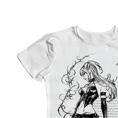 White t-shirt featuring a black and white emo anime character shirt design with edgy art style