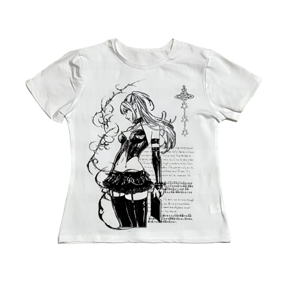 White emo anime character shirt with black detailed illustration of a female anime figure and text design
