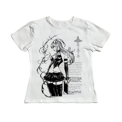 White emo anime character shirt with black detailed illustration of a female anime figure and text design