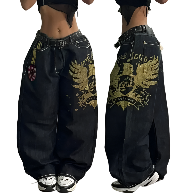 Black extra baggy jeans with gold eagle graphic and studded belt from weird0z shown front and side