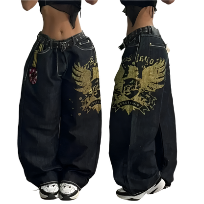 Black extra baggy jeans with gold eagle graphic and studded belt from weird0z shown front and side