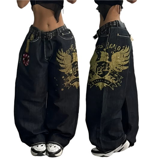 Weird0z extra baggy jeans in black with gold eagle print and studded belt details