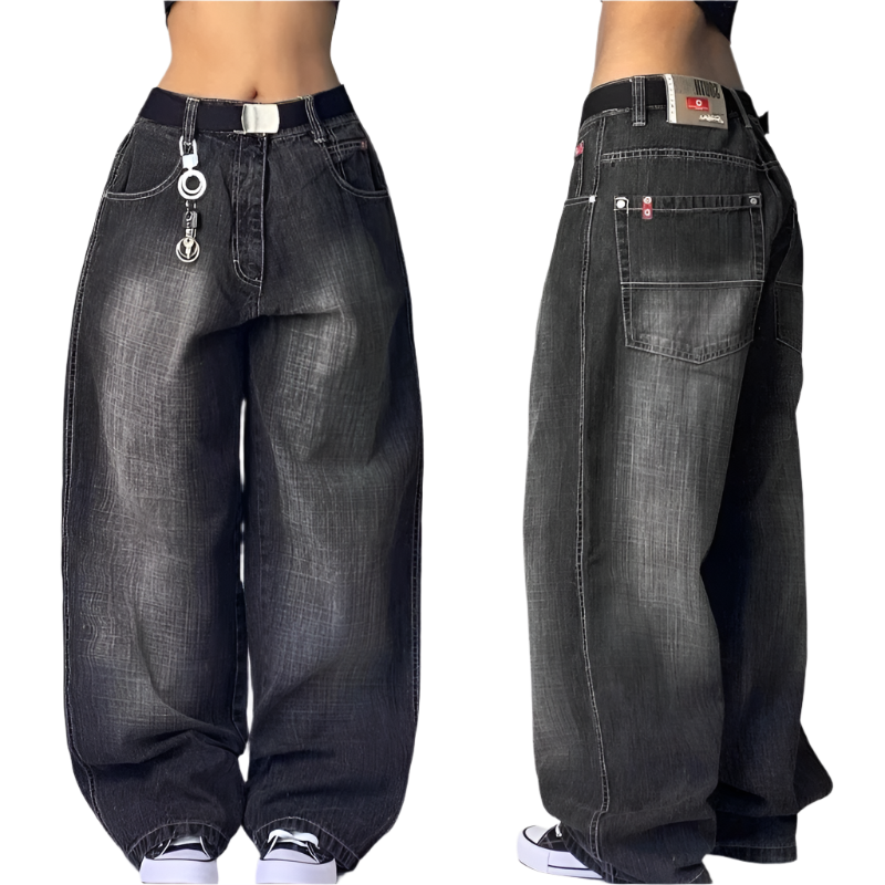 Front and back view of black extra baggy jeans with metal keychain and belt loops