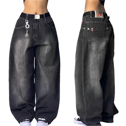 Weird0z black extra baggy jeans with high waist and belt details shown from front and side