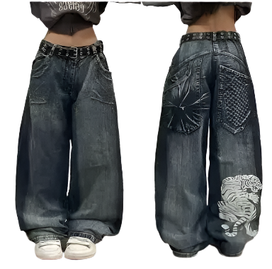 Extra baggy jeans by weird0z featuring wide legs, back patch pockets, and a tiger graphic design