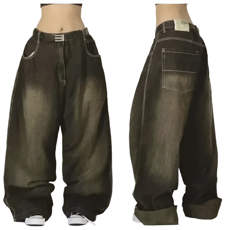 Black denim extra baggy jeans by weird0z shown from front and back with wide legs and rolled cuffs