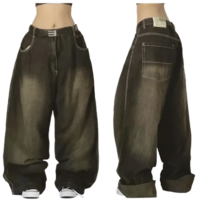 Black denim extra baggy jeans by weird0z shown from front and back with wide legs and rolled cuffs