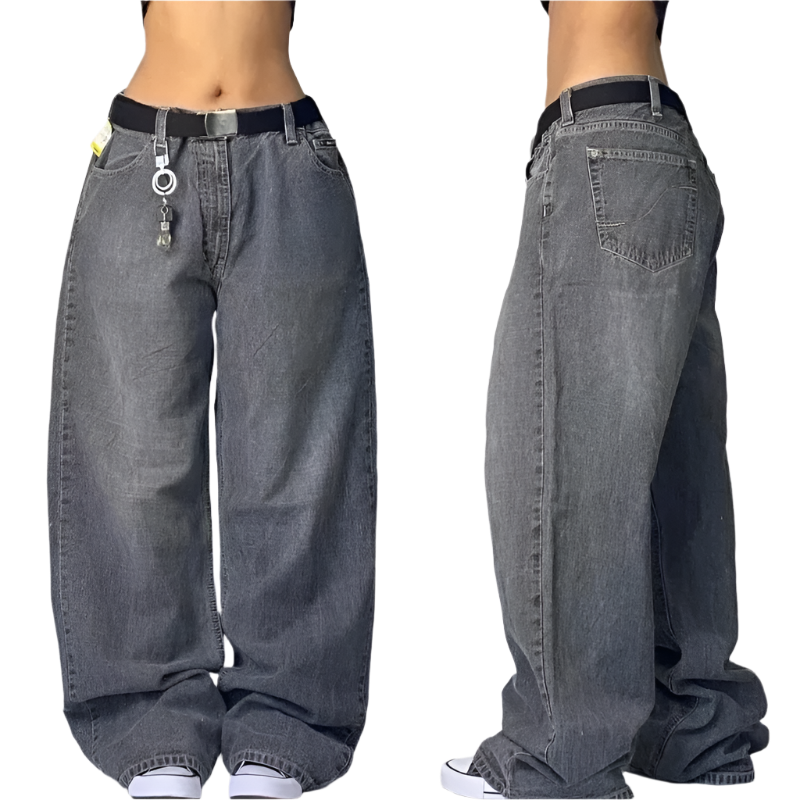 weird0z extra baggy jeans in faded black with keychain accessory and black belt shown from front and side views