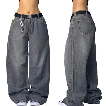 weird0z extra baggy jeans in faded black with keychain accessory and black belt shown from front and side views