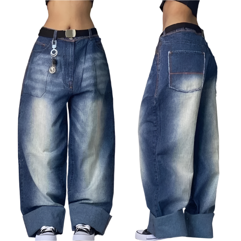 Weird0z extra baggy jeans in blue denim with faded details, wide legs, and rolled cuffs
