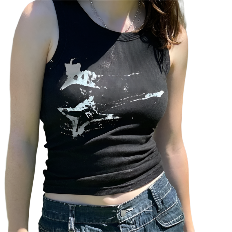 Black guitar print tank top worn by woman paired with denim jeans during sunny day