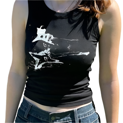 Black guitar print tank top worn by a woman paired with blue denim jeans
