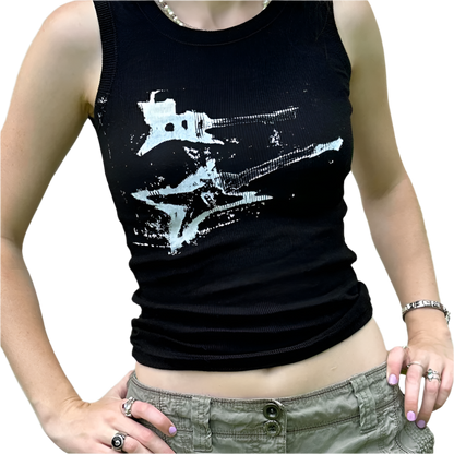 Black guitar print tank top featuring white distressed electric guitar designs with ribbed edges