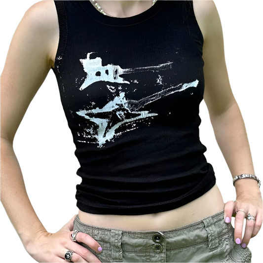 Black guitar print tank top featuring white distressed electric guitar designs with ribbed edges